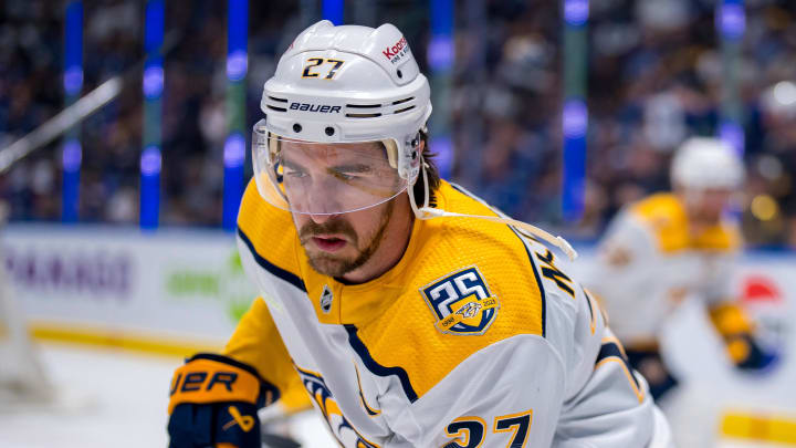 Apr 23, 2024; Vancouver, British Columbia, CAN;  Nashville Predators defenseman Ryan McDonagh (27) skates in warm up prior to game two of the first round of the 2024 Stanley Cup Playoffs against the Vancouver Canucks at Rogers Arena. Mandatory Credit: Bob Frid-USA TODAY Sports