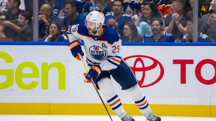 May 10, 2024; Vancouver, British Columbia, CAN; Edmonton Oilers forward Leon Draisaitl (29) handles the puck against the Vancouver Canucks during the third period in game two of the second round of the 2024 Stanley Cup Playoffs at Rogers Arena. Mandatory Credit: Bob Frid-USA TODAY Sports