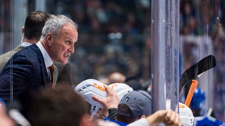 May 10, 2024; Vancouver, British Columbia, CAN; Edmonton Oilers assistant coach Paul Coffey on the bench against the Edmonton Oilers during the third period in game two of the second round of the 2024 Stanley Cup Playoffs at Rogers Arena. Mandatory Credit: Bob Frid-Imagn Images