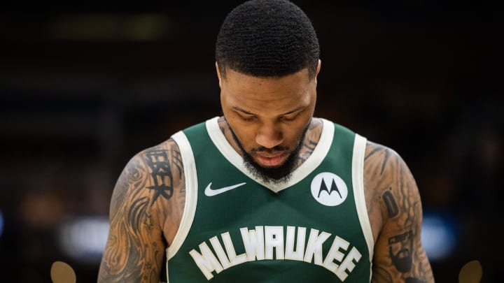 Milwaukee Bucks guard Damian Lillard (0) during game three of the first round for the 2024 NBA playoffs against the Indiana Pacers at Gainbridge Fieldhouse. 