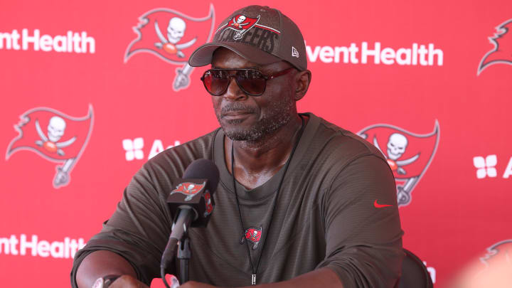 Aug 3, 2023; Tampa Bay, FL, USA;  Tampa Bay Buccaneers head coach Todd Bowles gives a press conference after training camp at AdventHealth Training Center. Mandatory Credit: Nathan Ray Seebeck-USA TODAY Sports