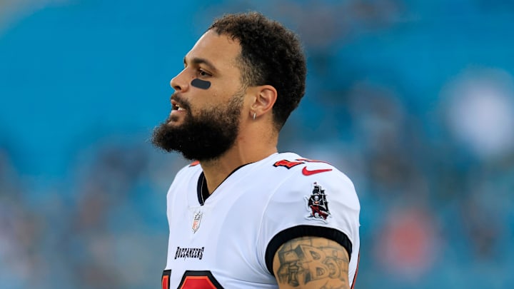 Tampa Bay Buccaneers wide receiver Mike Evans (13) looks on before a preseason NFL football game Saturday, Aug. 17, 2024 at EverBank Stadium in Jacksonville, Fla. [Corey Perrine/Florida Times-Union]