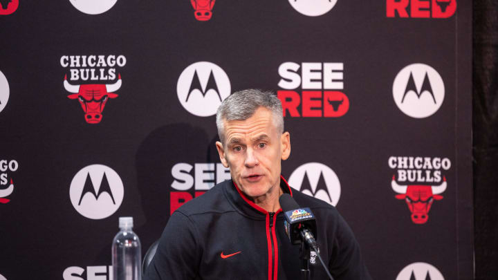 Feb 25, 2024; New Orleans, Louisiana, USA;  Chicago Bulls head coach Billy Donovan talks to the media before the game against the New Orleans Pelicans at Smoothie King Center. 