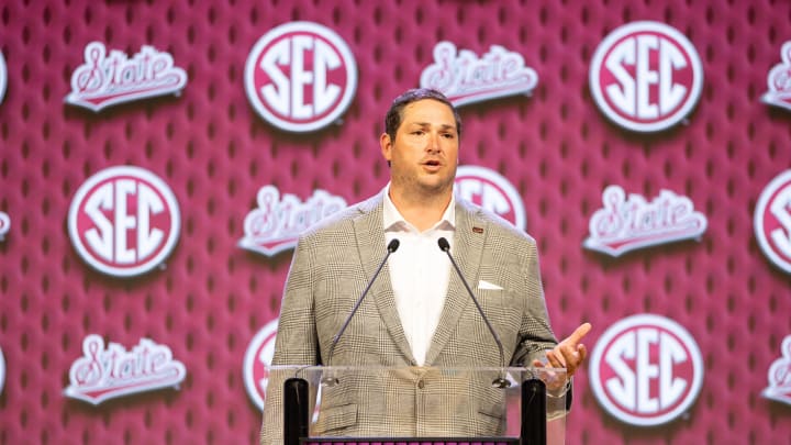 Jul 17, 2024; Dallas, TX, USA; Mississippi State head coach Jeff Lebby speaking at Omni Dallas Hotel. Mandatory Credit: Brett Patzke-USA TODAY Sports