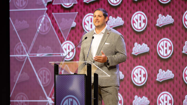 Jul 17, 2024; Dallas, TX, USA; Mississippi State head coach Jeff Lebby speaking at Omni Dallas Hotel. Mandatory Credit: Brett Patzke-USA TODAY Sports