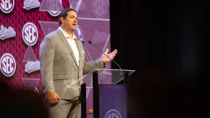 Jul 17, 2024; Dallas, TX, USA; Mississippi State head coach Jeff Lebby speaking at Omni Dallas Hotel. Mandatory Credit: Brett Patzke-USA TODAY Sports