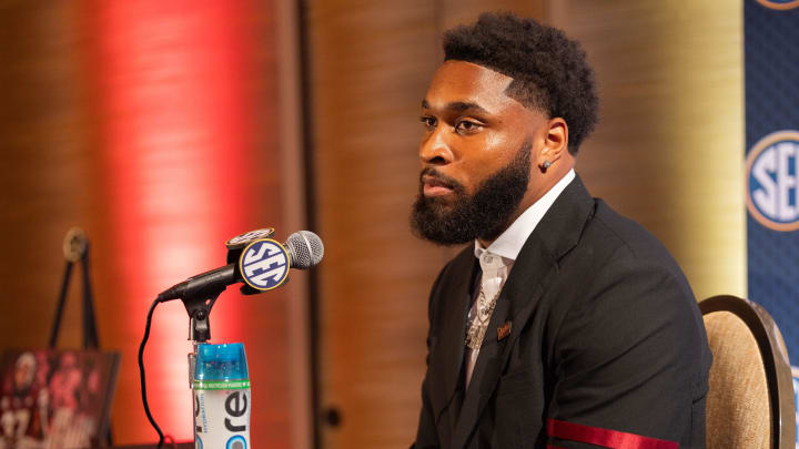 Jul 17, 2024; Dallas, TX, USA; Mississippi State linebacker John Lewis speaking at Omni Dallas Hotel. Mandatory Credit: Brett Patzke-USA TODAY Sports