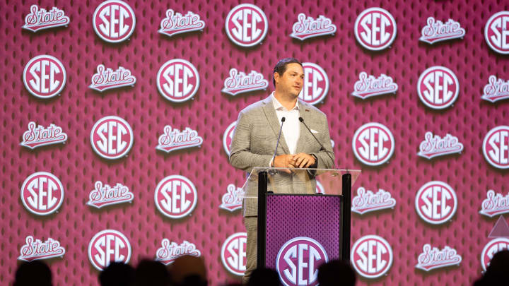 Jul 17, 2024; Dallas, TX, USA; Mississippi State head coach Jeff Lebby speaking at Omni Dallas Hotel. Mandatory Credit: Brett Patzke-USA TODAY Sports