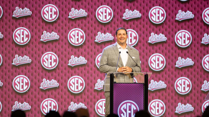 Jul 17, 2024; Dallas, TX, USA; Mississippi State head coach Jeff Lebby speaking at Omni Dallas Hotel. 