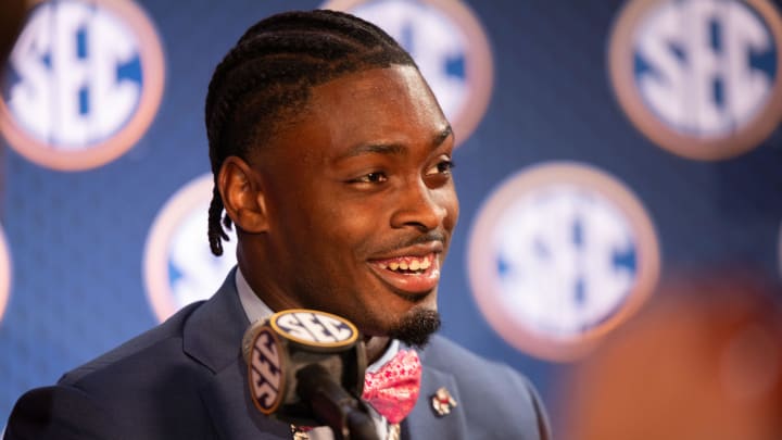 Jul 16, 2024; Dallas, TX, USA; Georgia safety Malaki Starks speaking at Omni Dallas Hotel. Mandatory Credit: Brett Patzke-USA TODAY Sports