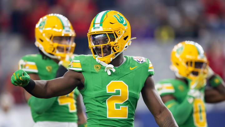 Jan 1, 2024; Glendale, AZ, USA; Oregon Ducks linebacker Jeffrey Bassa (2) against the Liberty Flames during the 2024 Fiesta Bowl at State Farm Stadium. Mandatory Credit: Mark J. Rebilas-USA TODAY Sports