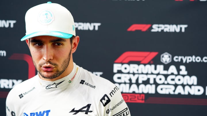 May 3, 2024; Miami Gardens, Florida, USA; Alpine driver Esteban Ocon (31) talks with the media after F1 Sprint Qualifying at Miami International Autodrome. Mandatory Credit: John David Mercer-USA TODAY Sports