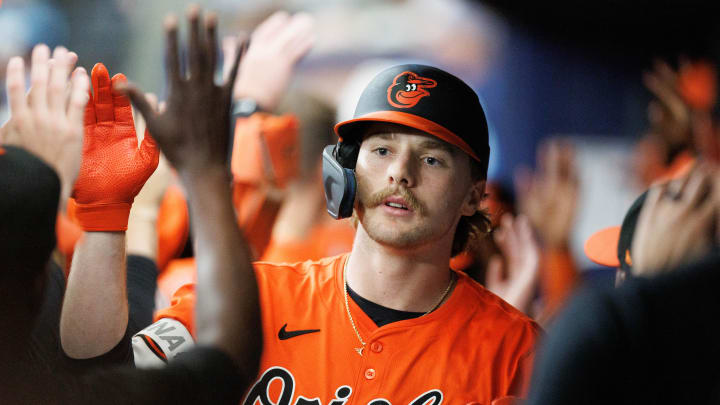 Jun 8, 2024; St. Petersburg, Florida, USA;  Baltimore Orioles shortstop Gunnar Henderson (2) celebrates after hitting a three-run home run against the Tampa Bay Rays in the ninth inning  at Tropicana Field.