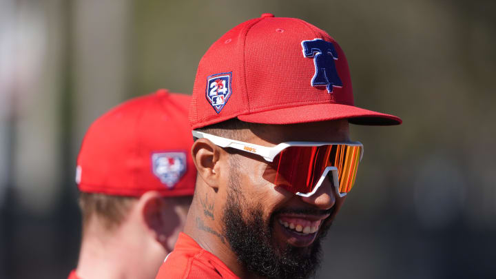 Philadelphia Phillies starting pitcher Cristopher Sanchez (61) smiles during the first day of Phillies Spring Training at Baycare Ballpark in Clearwater, Florida in 2024.