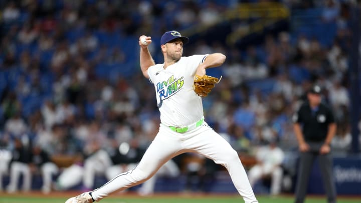 Tampa Bay Rays pitcher Jason Adam (47) throws a pitch against the Cleveland Guardians in the ninth inning at Tropicana Field on July 12.