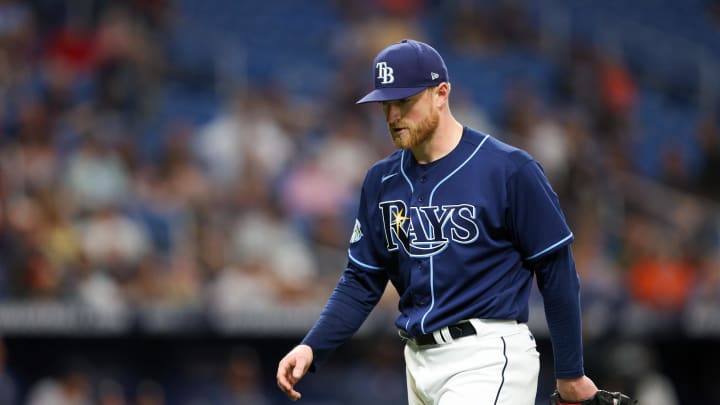 Tampa Bay Rays starting pitcher Drew Rasmussen (57) leaves the game against the Houston Astros in the fifth inning at Tropicana Field in 2023.