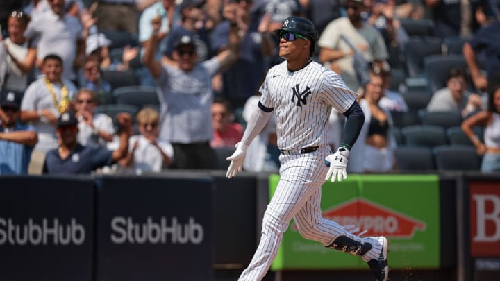 New York Yankees right fielder Juan Soto (22) rounds the bases after hitting a solo home run during the third inning against the Texas Rangers at Yankee Stadium on Aug 11.