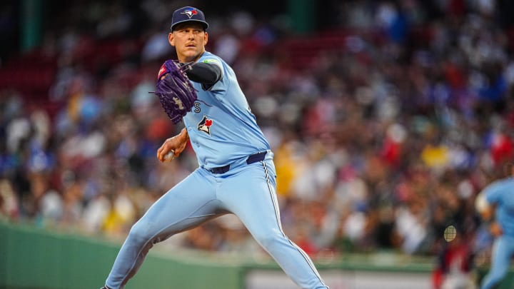 Toronto Blue Jays starting pitcher Bowden Francis (44) throws a pitch against the Boston Red Sox in the first inning at Fenway Park on Aug. 29.