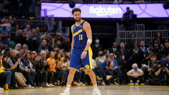 Dec 10, 2022; San Francisco, California, USA; Golden State Warriors guard Klay Thompson (11) reacts after the Warriors were called for a foul against the Boston Celtics in the fourth quarter at the Chase Center. Mandatory Credit: Cary Edmondson-USA TODAY Sports