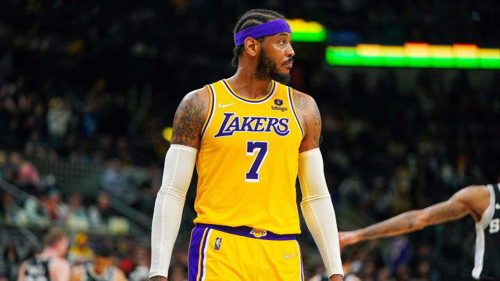 Mar 7, 2022; San Antonio, Texas, USA;  Los Angeles Lakers forward Carmelo Anthony (7) looks over in the second half against the San Antonio Spurs at the AT&T Center. Mandatory Credit: Daniel Dunn-USA TODAY Sports