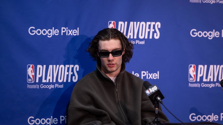 Apr 29, 2024; New Orleans, Louisiana, USA; Oklahoma City Thunder guard Josh Giddey (3) talks to the media after defeating the New Orleans Pelicans during game four of the first round for the 2024 NBA playoffs at Smoothie King Center. Mandatory Credit: Stephen Lew-USA TODAY Sports