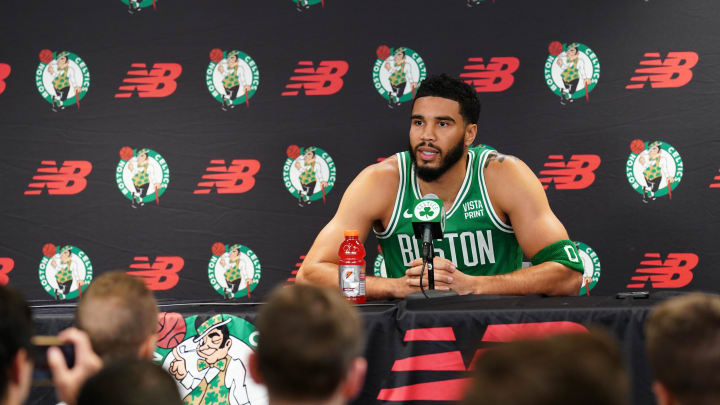 Oct 2, 2023; Boston, Celtics, USA; Boston Celtics forward Jayson Tatum (0) talks with sports media during Boston Celtics Media Day. Mandatory Credit: David Butler II-USA TODAY Sports