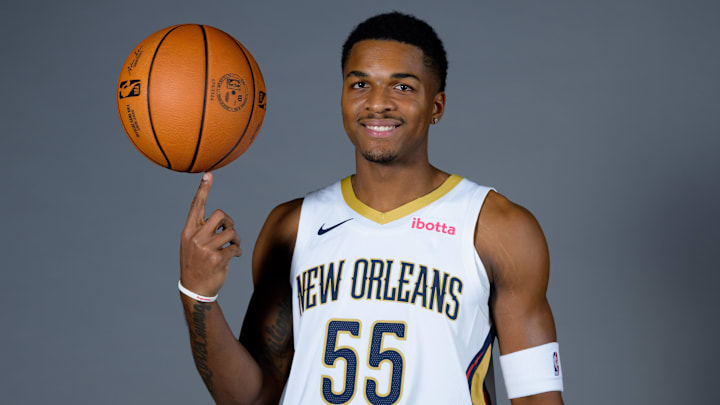 Oct 2, 2023; New Orleans, LA, USA; New Orleans Pelicans guard Tevian Jones (55) poses during Media Day at the Smoothie King Center. Mandatory Credit: Matthew Hinton-Imagn Images