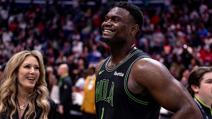 Mar 15, 2024; New Orleans, Louisiana, USA;  New Orleans Pelicans forward Zion Williamson (1) is interviewed by the media after the game at Smoothie King Center. Mandatory Credit: Stephen Lew-Imagn Images