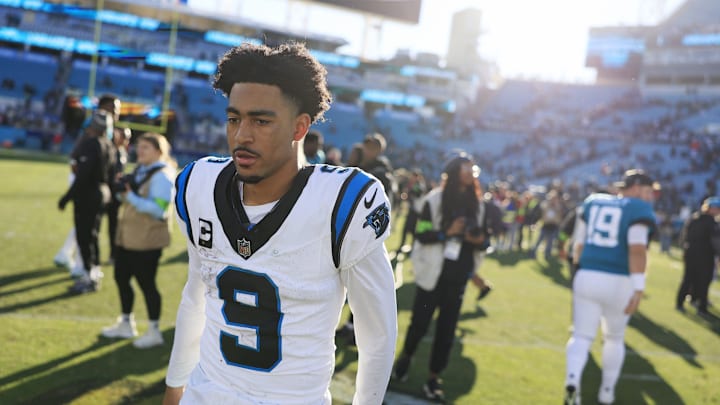 Carolina Panthers quarterback Bryce Young (9) walks off the field after the game of a regular season NFL football matchup Sunday, Dec. 31, 2023 at EverBank Stadium in Jacksonville, Fla. The Jacksonville Jaguars blanked the Carolina Panthers 26-0. [Corey Perrine/Florida Times-Union]