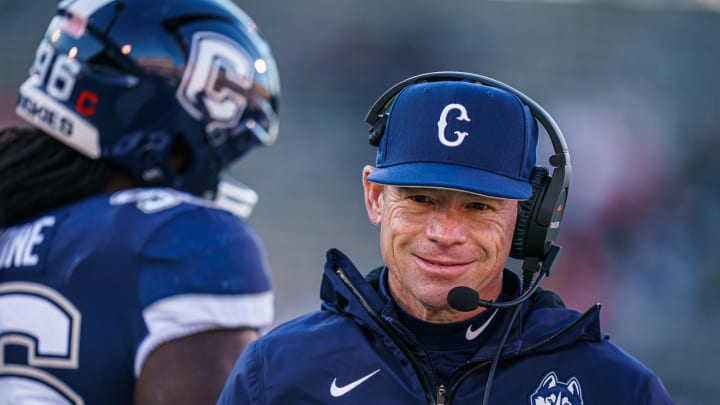 Nov 18, 2023; East Hartford, Connecticut, USA; UConn Huskies head coach Jim Mora watches from the sideline as they take on the Sacred Heart Pioneers at Rentschler Field at Pratt & Whitney Stadium. Mandatory Credit: David Butler II-USA TODAY Sports