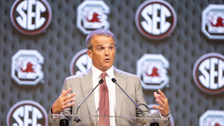 Jul 15, 2024; Dallas, TX, USA; South Carolina head coach Shane Beamer speaking to the media at Omni Dallas Hotel. Mandatory Credit: Brett Patzke-USA TODAY Sports