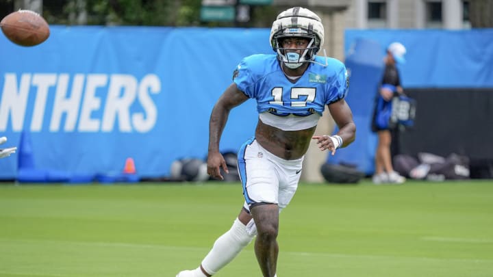 Jul 30, 2024; Charlotte, NC, USA; Carolina Panthers wide receiver Xavier Legette (17) makes a catch during training camp at Carolina Panthers Practice Fields. Mandatory Credit: Jim Dedmon-USA TODAY Sports