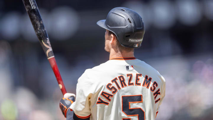 Jun 12, 2024; San Francisco, California, USA;  San Francisco Giants outfielder Mike Yastrzemski (5) up to bat during the eighth inning against the Houston Astros at Oracle Park.  