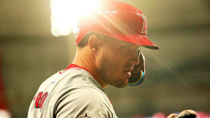 Apr 16, 2024; St. Petersburg, Florida, USA;  Los Angeles Angels outfielder Mike Trout (27) on deck to bat against the Tampa Bay Rays during the fourth inning at Tropicana Field. Mandatory Credit: Kim Klement Neitzel-USA TODAY Sports