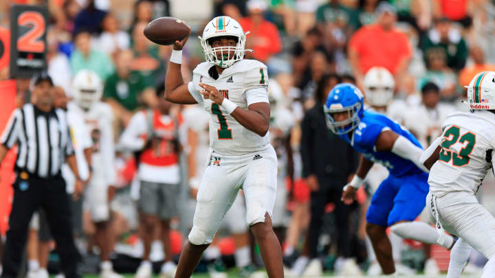 Mandarin's quarteback Tramell Jones (1) looks to pass during the first quarter of a regular season high school football matchup Friday, Sept. 8, 2023 at Riverside High School in Jacksonville, Fla. The Mandarin Mustangs defeated the Riverside Generals 50-20. [Corey Perrine/Florida Times-Union]