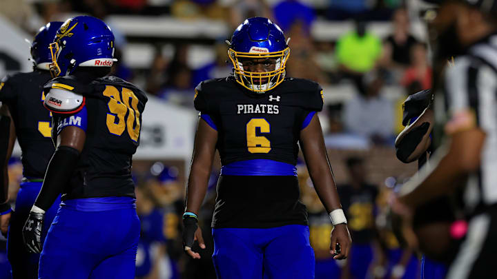 Brunswick's JaShawn Towns (6) looks on during the second quarter of the Florida-Georgia Border Classic high school football matchup Saturday, Sept. 9, 2023 at Glynn County Stadium in Brunswick, Ga. The St. Augustine Yellow Jackets held off the Brunswick Pirates 45-35. [Corey Perrine/Florida Times-Union]