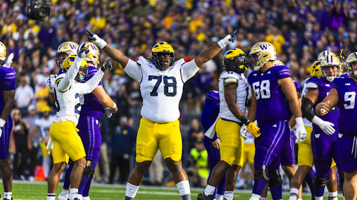 Oct 5, 2024; Seattle, Washington, USA; Michigan Wolverines defensive lineman Kenneth Grant (78) celebrates a missed field goal by the Washington Huskies, topic during the first quarter at Alaska Airlines Field at Husky Stadium. Mandatory Credit: Joe Nicholson-Imagn Images Oct 5, 2024; Seattle, Washington, USA; Michigan Wolverines defensive lineman Kenneth Grant (78) celebrates a missed field goal by the Washington Huskies, topic during the first quarter at Alaska Airlines Field at Husky Stadium. Mandatory Credit: Joe Nicholson-Imagn Images
