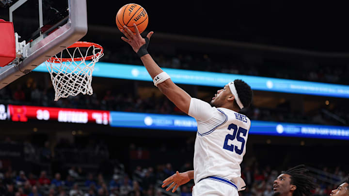 Dec 13, 2025; Newark, New Jersey, USA; Seton Hall Pirates center Najai Hines (25)  lays the ball up for a basket against the Rutgers Scarlet Knights during the second half at Prudential Center. Mandatory Credit: Vincent Carchietta-Imagn Images