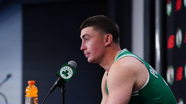 Sep 29, 2025; Boston, MA, USA; Boston Celtics guard Payton Pritchard (11) talks with reporters during media day at the Auerbach Center. Mandatory Credit: David Butler II-Imagn Images