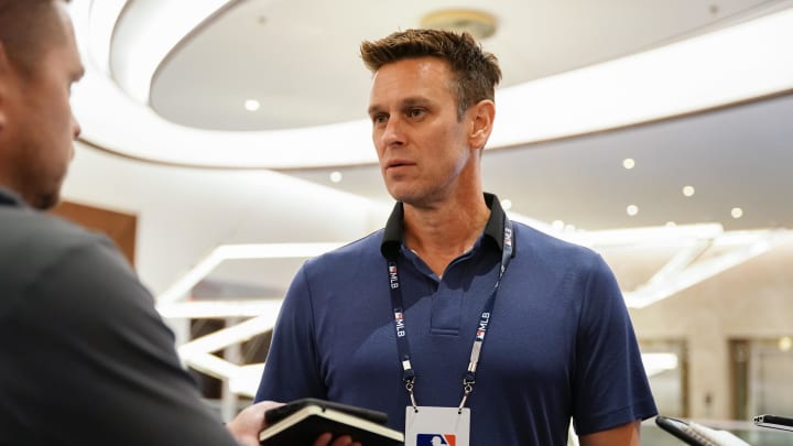 Seattle Mariners president of baseball operations Jerry Dipoto answers questions during the MLB GM Meetings at The Conrad Las Vegas in 2022.