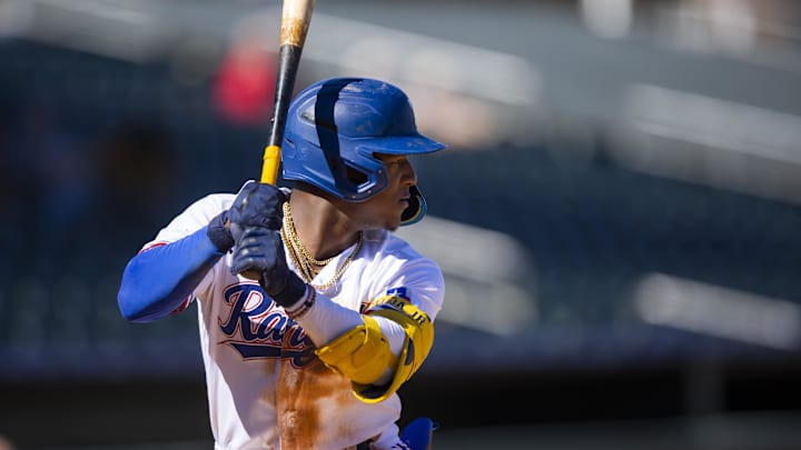 Oct 26, 2022; Surprise, Arizona, USA; Texas Rangers infielder Luisangel Acuna plays for the Surprise Saguaros during an Arizona Fall League baseball game at Surprise Stadium. Mandatory Credit: Mark J. Rebilas-Imagn Images