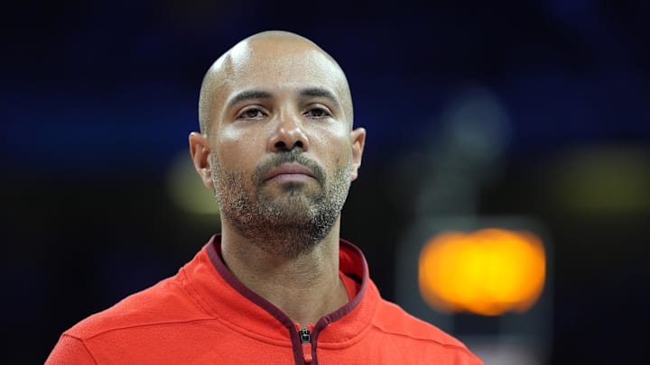 Aug 2, 2024; Villeneuve-d'Ascq, France; Canada head coach Jordi Fernandez looks on at halftime against Spain in a men’s group A basketball game during the Paris 2024 Olympic Summer Games at Stade Pierre-Mauroy. Mandatory Credit: John David Mercer-USA TODAY Sports