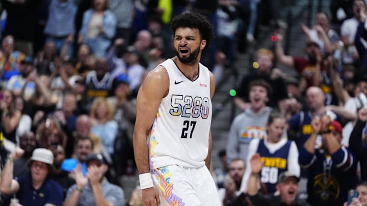 Apr 29, 2025; Denver, Colorado, USA; Denver Nuggets guard Jamal Murray (27) reacts after a steal and basket in the fourth quarter against the LA Clippers during game five of the first round for the 2025 NBA Playoffs at Ball Arena. Mandatory Credit: Ron Chenoy-Imagn Images Apr 29, 2025; Denver, Colorado, USA; Denver Nuggets guard Jamal Murray (27) reacts after a steal and basket in the fourth quarter against the LA Clippers during game five of the first round for the 2025 NBA Playoffs at Ball Arena. Mandatory Credit: Ron Chenoy-Imagn Images