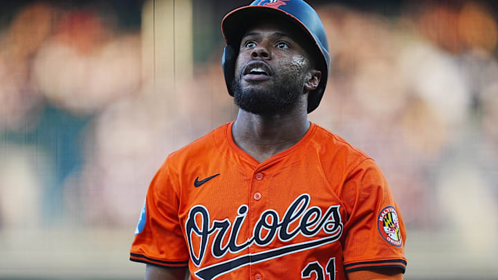 Aug 31, 2024; Denver, Colorado, USA; Baltimore Orioles outfielder Cedric Mullins (31) after being tagged out stealing in the third inning against the Colorado Rockies at Coors Field