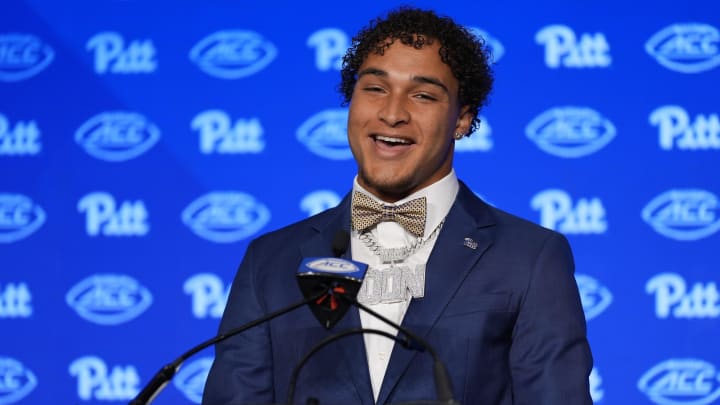 Jul 23, 2024; Charlotte, NC, USA; Pitt tight end Donovan McMillon answers questions from the media during the ACC Kickoff at Hilton Charlotte Uptown. Mandatory Credit: Jim Dedmon-USA TODAY Sports