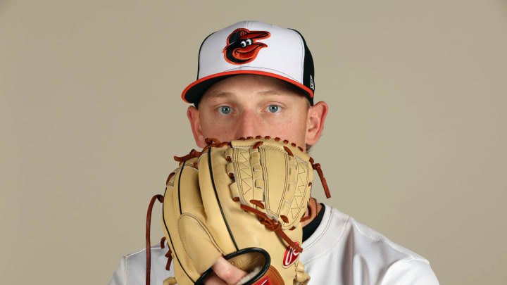 Feb 21, 2024; Sarasota, FL, USA; Baltimore Orioles starting pitcher Seth Johnson (56) poses for a photo during photo day at Ed Smith Stadium.