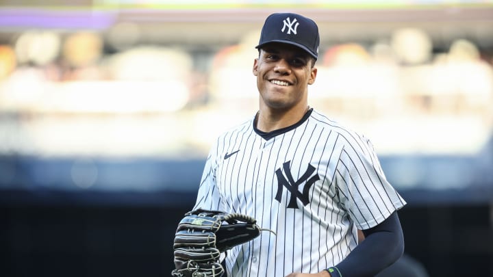 Jul 3, 2024; Bronx, New York, USA;  New York Yankees right fielder Juan Soto (22) at Yankee Stadium. Mandatory Credit: Wendell Cruz-USA TODAY Sports