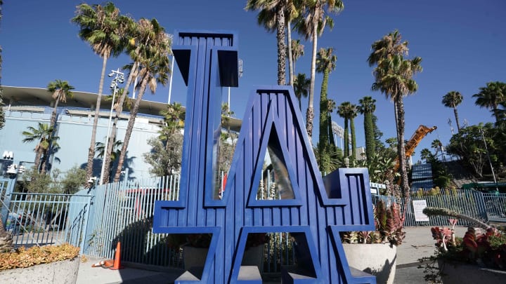 Jul 16, 2020; Los Angeles, California, United States; A general view of LA logo during a Los Angeles Dodgers intrasquad workout at Dodger Stadium. Mandatory Credit: Kirby Lee-USA TODAY Sports