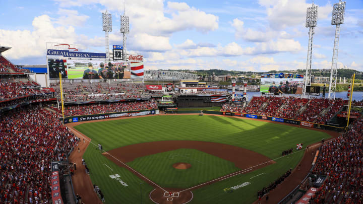 Jul 5, 2024; Cincinnati, Ohio, USA; A general view of the field during the national anthem before the game between the Detroit Tigers and the Cincinnati Reds at Great American Ball Park. Mandatory Credit: Katie Stratman-USA TODAY Sports