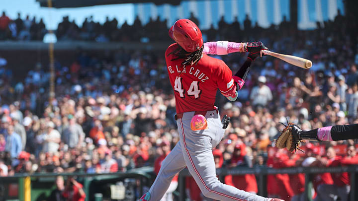 May 12, 2024; San Francisco, California, USA; Cincinnati Reds infielder Elly De La Cruz (44) strikes out against the San Francisco Giants during the tenth inning at Oracle Park. Mandatory Credit: Robert Edwards-Imagn Images